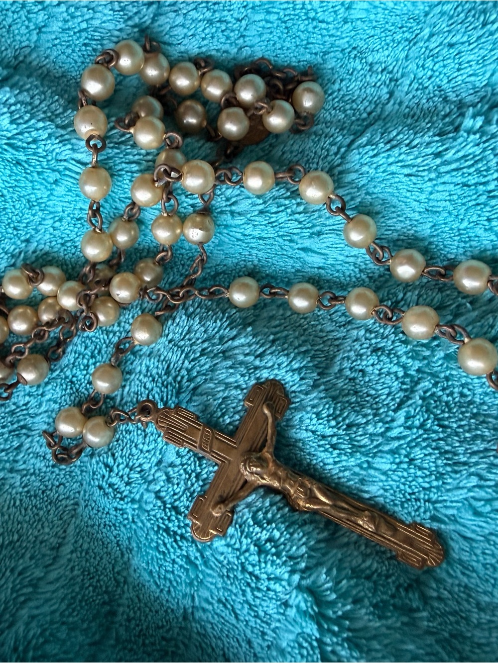 Vintage Faux Pearl Rosary Brass Tone Art Deco Crucifix Catholic Prayer Beads